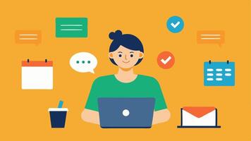 Social Media Management A writer scheduling posts on social media from their laptop surrounded by notepads filled with content ideas and engagement strategies.. vector