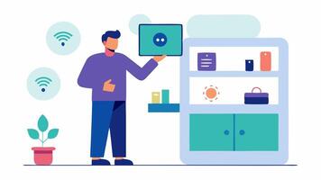 Setting Up a Smart Display A technician places a smart display on a shelf showcasing a range of smart home features while explaining functionalities to the homeowner.. vector