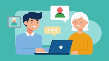 Social Engagement Technologies A professional showing a senior how to use a social media platform or chatting application to stay connected with family and friends.. vector