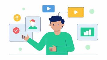 Call Features A developer illustrating call features on a whiteboard pointing at various icons representing chat and screen share options for thes and clients.. vector