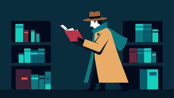 Searching in a Library The detective browses through dusty books in a library his trench coat trailing behind him with a note pinned to the wall for reference.. vector