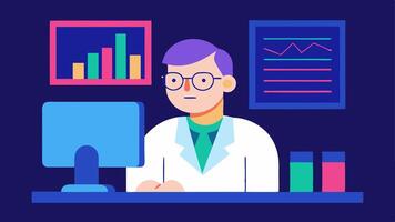 Scientist at Computer A scientist with glasses sitting at a modern computer desk focused on a large screen displaying colorful DNA sequences and graphs.. vector