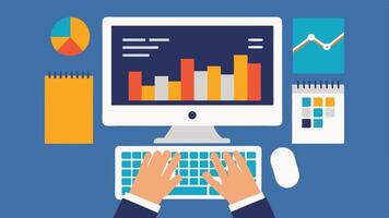 Statistical Analysis A closeup of an analysts hands on the keyboard running statistical software with data visualizations on the screen that relate to healthcare trends.. vector