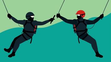Supporting Each Other Two SWAT officers rappelling side by side communicating with hand signals representing coordination and camaraderie during the operation.. vector
