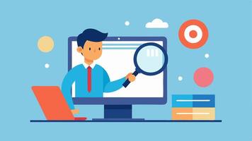 SEO Optimization An illustration of a consultant inspecting a website on a laptop with a magnifying glass symbolizing search engine optimization efforts.. vector