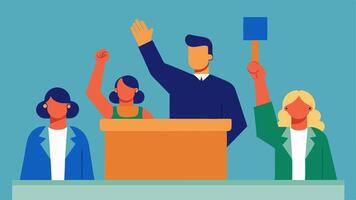 The Final Vote A juror tentatively raising their hand to call for a vote with others looking around to gauge their comfort level about making a decision.. vector
