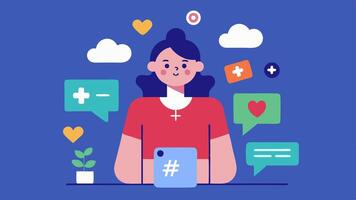 Social Media Campaign A digital illustration of an advocate creating an engaging social media post promoting ethical fashion with hashtags and likes popping up around the image.. vector
