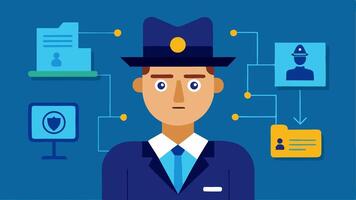 These illustrations can visually represent the use of facial recognition technology in police investigations while capturing the essence of a detectives work.. vector