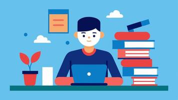Researching Content An individual at a desk surrounded by books and articles jotting down notes for the development of online course material.. vector