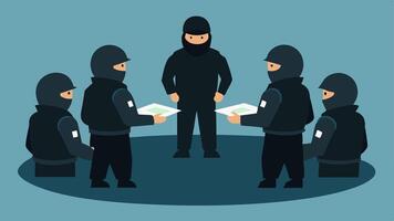 Team Formation A group of tactical officers in black gear are standing in a semicircle listening attentively to their instructor who gestures toward a training map laid out on a. vector