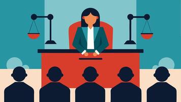 Witness Stand An overview of a courtroom with the victim prominently positioned on the witness stand surrounded by the judge jury and focused audience members.. vector