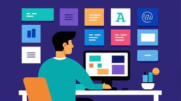 Typography Exploration A designer analyzing different fonts and text layouts on their monitor while taking notes surrounded by a variety of printed font samples and color swatches.. vector