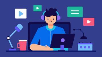 Tutorial Setup An illustration of a gamer sitting at a desk with multiple monitors displaying game footage a notepad and a microphone getting ready to record a tutorial.. vector
