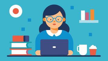 Research and Analysis A virtual assistant with glasses deeply focused on research surrounded by books a notepad and multiple tabs open on the laptop for information gathering.. vector