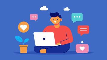 Social Media Promotion An artist sitting at a laptop happily engaging with followers on social media with notifications popping up about likes and shares of their NFT art.. vector