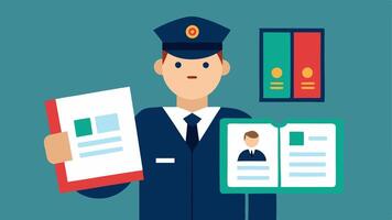 Supporting Documents The officer holding a folder containing case documents with an open page showing crime scene photos.. vector