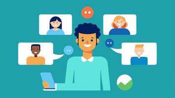 Virtual Team Building An HR spet arranging a fun virtual teambuilding activity showing screens with game icons and team members laughing together over .. vector