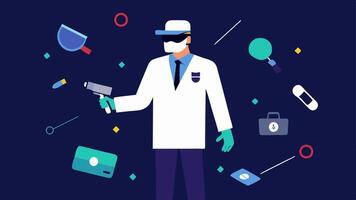 Virtual Reality Gear A forensic expert using a virtual reality headset to explore a digital crime scene with markers and investigation tools floating around.. vector