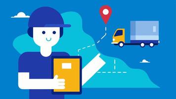 Shipping Route Optimization A character using a digital map on a tablet plotting efficient shipping routes with delivery trucks shown in the background.. vector