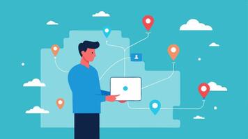 Route Optimization A map visualization where a manager adjusts delivery routes using an AI tool showing efficient paths and reduced travel times.. vector