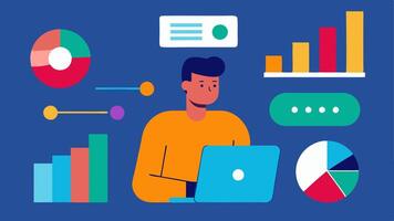 Survey Analysis A researcher analyzing survey data on a laptop surrounded by colorful charts and graphs that highlight user feedback trends.. vector
