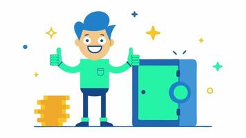 Success A triumphant character standing next to a fully od safe surrounded by shiny valuables giving a thumbsup.. vector