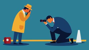 Scene Documentation A photographer crouched down taking pictures of the crime scene while a detective stands by discussing the importance of capturing all details.. vector