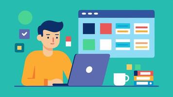 User Interface Design A developer focusing on a colorful laptop screen displaying a userfriendly interface for a virtual assistant with design tools like vectors and color palettes.