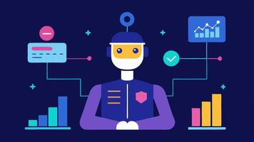 Scenario Simulation A visual representation of a financial advisor using a 3D model to simulate different economic scenarios with AI algorithms suggesting optimal strategies based. vector