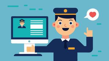 Search Results Display An officer excitedly pointing at a computer screen showing a successful match from facial recognition software with relevant info.. vector