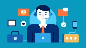 Viewers Perspective An illustration showing a firstperson view of the negotiator on the phone including various communication tools like laptops and headsets on the desk.. vector
