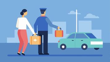 Safe Arrival An illustration of a police officer helping a nervous individual with a suitcase as they approach a plain car parked outside an airport terminal.. vector