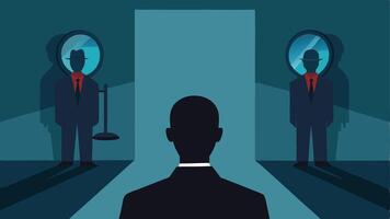 TwoWay Mirror A depiction showing a twoway mirror in the interrogation room with shadowy figures of other detectives observing the interrogation from the other side.. vector