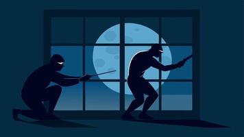 Silhouette of Burglars Two shadowy figures are crouched near a window using a crowbar to pry open a window in the moonlit night.. vector