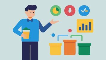 Waste Management Strategies An expert explaining proper waste sorting and recycling ods using a colorful infographic as a visual aid.. vector