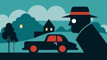 Stealthy Shadow A silhouette of a detective in a fedora peering through binoculars from behind a bush focusing on a car with tinted windows driving slowly down a suburban street.. vector
