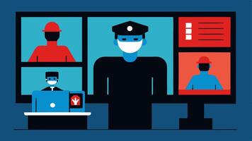 Surveillance Footage A split screen showing surveillance footage of a hacker at a workstation and a police team observing from another room planning the arrest.. vector