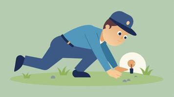 Searching on Hands and Knees An officer crawls on the ground flashlight in mouth using two hands to carefully sift through the grass for any clues.. vector