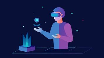 Virtual Sculptures An artist wearing AR glasses uses a virtual tool to shape a glowing holographic sculpture that hovers in front of them showcasing their creative process.. vector
