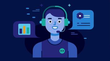 Voice Assistant Interaction A professional wearing a headset speaking to a digital voice assistant while a holographic interface displays customer queries and AI responses.. vector