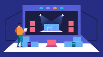 Virtual Stage Design An illustration showing a planner designing a virtual stage layout for a broadcast with different backgrounds and overlays visible on the screen.. vector