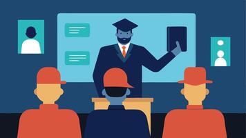 Training Session A detective in front of a classroom training recruits on how to use facial recognition software with a projector showing example images of suspects.. vector