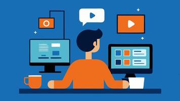 Editing A person focused on editing content on a computer with multiple editing windows open and a coffee cup nearby.. vector