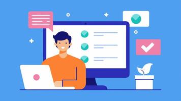 Virtual Review An auditor conducting a virtual review via call with a shared screen displaying a checklist of compliance requirements for cryptocurrency businesses.. vector