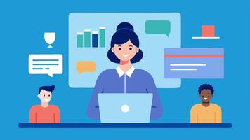 Webinar Training An individual conducting an online training session with a laptop showing attendees on a call and presentation slides on Ecommerce strategies.. vector