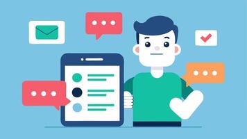 Testing Chatbots A developer using a mobile device interacting with a chatbot with visual indicators like thumbs up and error messages showcasing the testing process.. vector