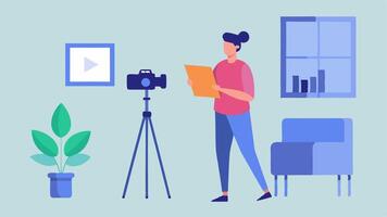 Content Creation A content strategist filming a short in a welllit room adjusting a camera on a tripod while reviewing a script.. vector