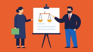 Visual Aids The lawyer uses a whiteboard to explain details of the case to the client who appears intrigued and contemplative.. vector