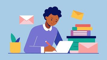 Thank You Notes The manager is seen writing personalized thank you notes with a bunch of cards and colorful envelopes stacked beside them showing appreciation to backers.. vector