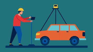Sensor Calibration An engineer adjusts the angle of a LIDAR sensor mounted on a vehicle focusing on precision while tools are tered nearby.. vector